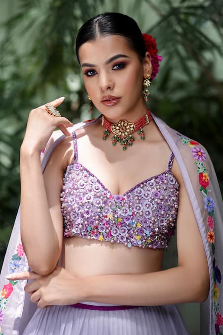 Amit Sachdeva_Purple Organza, Satin Pearls, Sequins, Placement Floral Print Lehenga Set _Online_at_Aza_Fashions