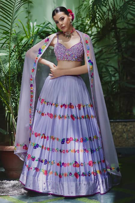 Buy_Amit Sachdeva_Purple Organza, Satin Pearls, Sequins, Placement Floral Print Lehenga Set _Online_at_Aza_Fashions