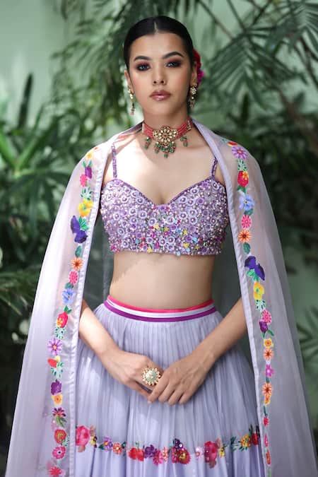 Shop_Amit Sachdeva_Purple Organza, Satin Pearls, Sequins, Placement Floral Print Lehenga Set _Online_at_Aza_Fashions