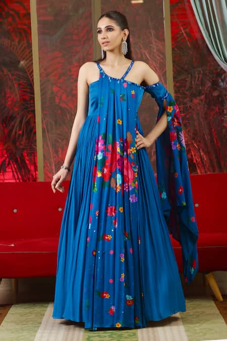 Amit Sachdeva Blue Georgette Print Floral Asymmetric Neck Drape Sleeve Gown 