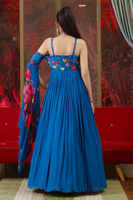 Amit Sachdeva Floral Print Asymmetric Drape Sleeve Gown 