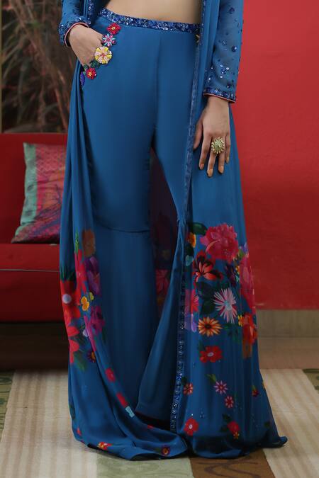 Buy_Amit Sachdeva_Blue Crepe, Georgette Embroidery Sweetheart Neck Floral Print Cape Pant Set _Online_at_Aza_Fashions