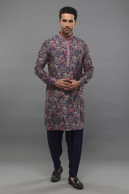 Para_Purple Silk, Satin, Linen, Muslin Floral Printed Kurta Set And Bundi_Online_at_Aza_Fashions