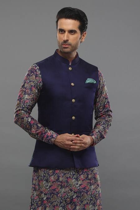 Para_Purple Silk, Satin, Linen, Muslin Floral Printed Kurta Set And Bundi_at_Aza_Fashions