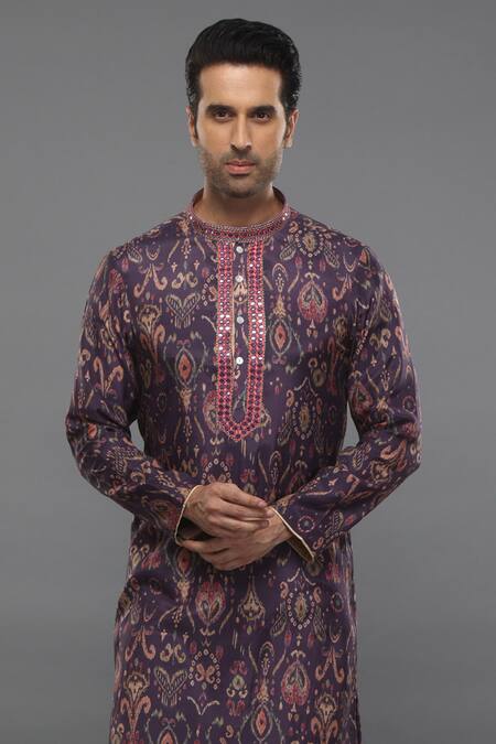 Para_Purple Muslin, Silk Embroidery Ikat Print Kurta And Pant Set_Online_at_Aza_Fashions