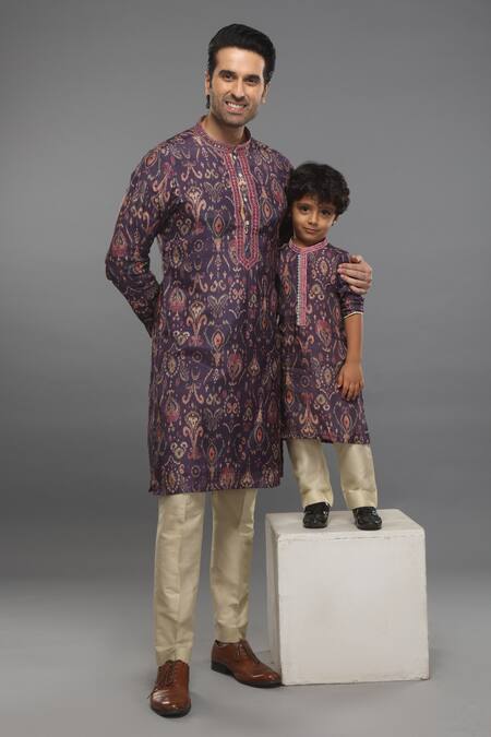 Buy_Para_Purple Muslin, Silk Embroidery Ikat Print Kurta And Pant Set_Online_at_Aza_Fashions