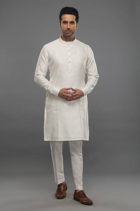 Buy_Para_Off White Chanderi , Jacquard, Geometric Print Bundi And Kurta Set_Online_at_Aza_Fashions