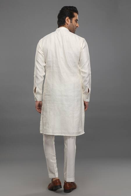 Shop_Para_Off White Chanderi , Jacquard, Geometric Print Bundi And Kurta Set_Online_at_Aza_Fashions