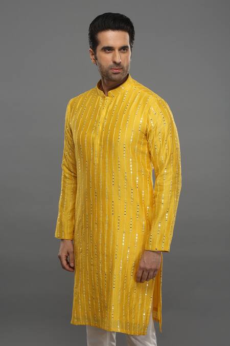 Shop_Para_Yellow Chanderi Silk, Spandex Embroidery Abla Kurta And Pant Set_Online_at_Aza_Fashions
