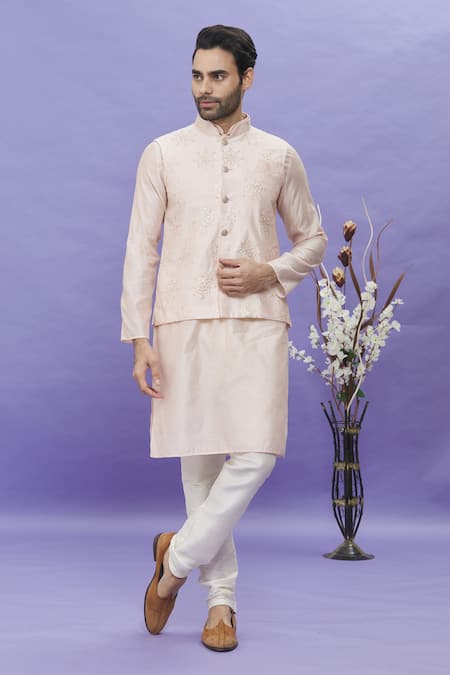 Arihant Rai Sinha_Peach Silk Embroidery Floral Motifs Thread Work Bundi _Online_at_Aza_Fashions