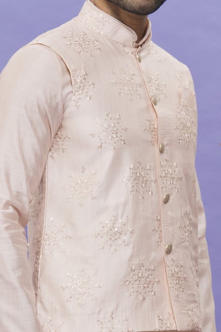 Buy_Arihant Rai Sinha_Peach Silk Embroidery Floral Motifs Thread Work Bundi _Online_at_Aza_Fashions