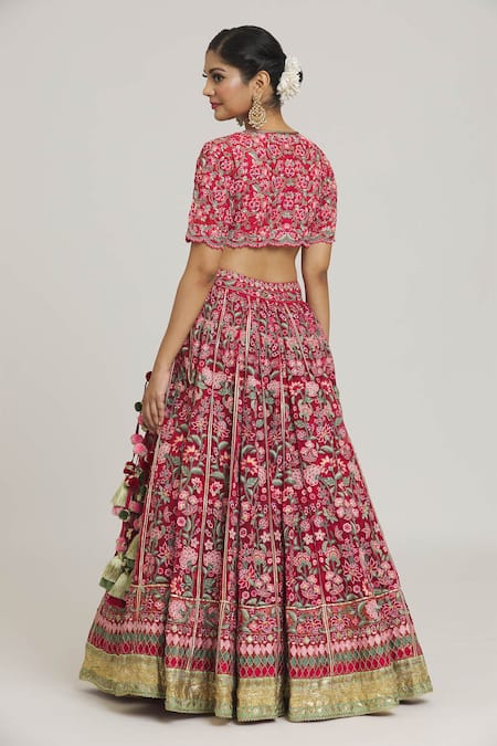 Shop Simar Dugal Red Silk Embroidery Plunge Neck Floral Bridal Lehenga Set at Aza Fashions Shop_Simar Dugal_Red Silk Embroidery Plunge Neck Floral Bridal Lehenga Set_at_Aza_Fashions
