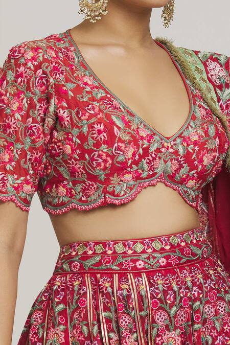 Simar Dugal Red Silk Embroidery Plunge Neck Floral Bridal Lehenga Set Online at Aza Fashions Simar Dugal_Red Silk Embroidery Plunge Neck Floral Bridal Lehenga Set_Online_at_Aza_Fashions