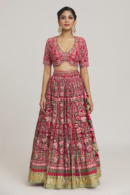 Buy Simar Dugal Red Silk Embroidery Plunge Neck Floral Bridal Lehenga Set Online at Aza Fashions Buy_Simar Dugal_Red Silk Embroidery Plunge Neck Floral Bridal Lehenga Set_Online_at_Aza_Fashions