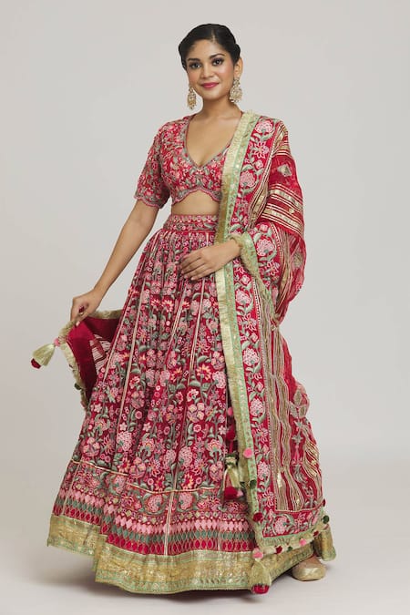 Shop Simar Dugal Red Silk Embroidery Plunge Neck Floral Bridal Lehenga Set Online at Aza Fashions Shop_Simar Dugal_Red Silk Embroidery Plunge Neck Floral Bridal Lehenga Set_Online_at_Aza_Fashions