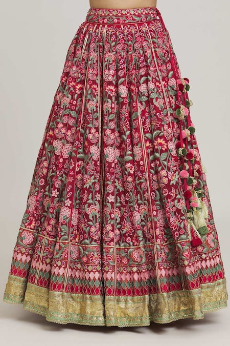 Simar Dugal Red Silk Embroidery Plunge Neck Floral Bridal Lehenga Set at Aza Fashions Simar Dugal_Red Silk Embroidery Plunge Neck Floral Bridal Lehenga Set_at_Aza_Fashions