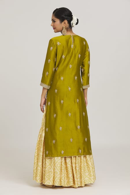 Shop Punit Balana Green Cotton Embroidery, Tassels Round Neck Floral Kurta Gharara Set at Aza Fashions Shop_Punit Balana_Green Cotton Embroidery, Tassels Round Neck Floral Kurta Gharara Set _at_Aza_Fashions