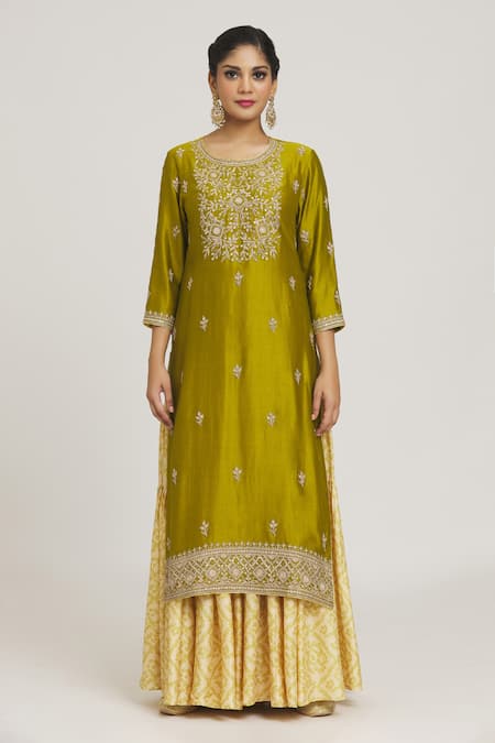 Punit Balana Green Cotton Embroidery, Tassels Round Neck Floral Kurta Gharara Set Online at Aza Fashions Punit Balana_Green Cotton Embroidery, Tassels Round Neck Floral Kurta Gharara Set _Online_at_Aza_Fashions
