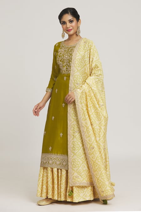 Buy Punit Balana Green Cotton Embroidery, Tassels Round Neck Floral Kurta Gharara Set Online at Aza Fashions Buy_Punit Balana_Green Cotton Embroidery, Tassels Round Neck Floral Kurta Gharara Set _Online_at_Aza_Fashions