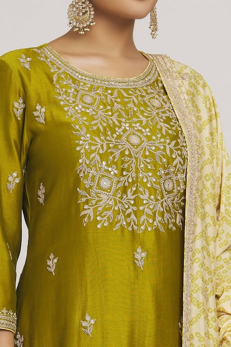 Shop Punit Balana Green Cotton Embroidery, Tassels Round Neck Floral Kurta Gharara Set Online at Aza Fashions Shop_Punit Balana_Green Cotton Embroidery, Tassels Round Neck Floral Kurta Gharara Set _Online_at_Aza_Fashions