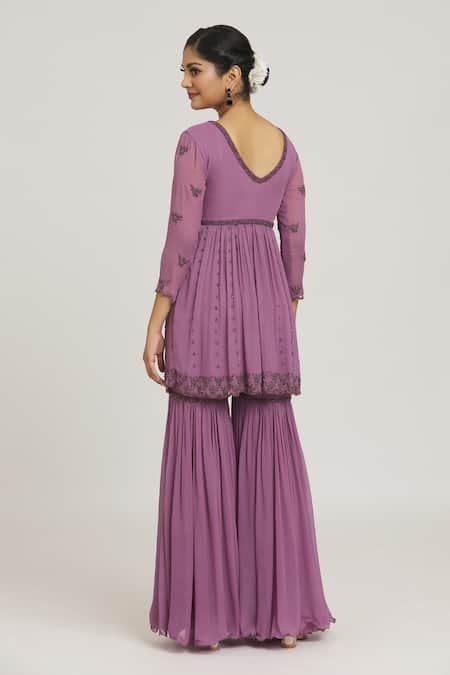 Shop Arpan Vohra Purple Embroidery V-neck Peplum Kurta Gharara Set at Aza Fashions Shop_Arpan Vohra_Purple Embroidery V-neck Peplum Kurta Gharara Set _at_Aza_Fashions