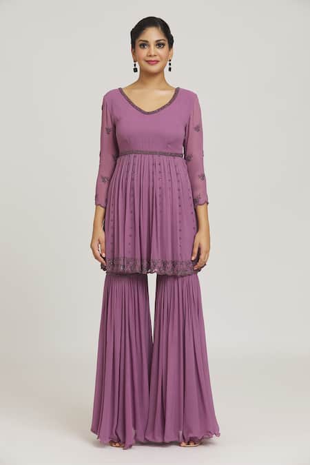 Arpan Vohra Purple Embroidery V-neck Peplum Kurta Gharara Set Online at Aza Fashions Arpan Vohra_Purple Embroidery V-neck Peplum Kurta Gharara Set _Online_at_Aza_Fashions