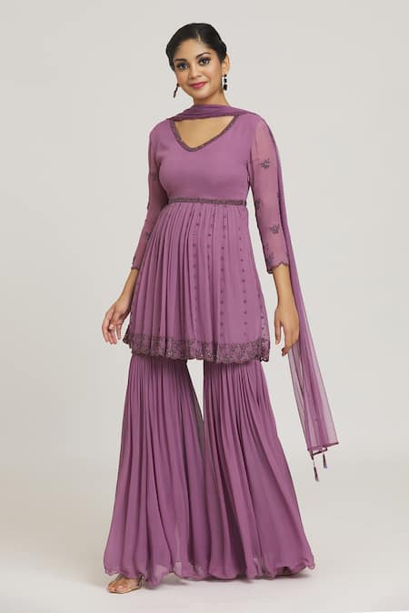 Buy Arpan Vohra Purple Embroidery V-neck Peplum Kurta Gharara Set Online at Aza Fashions Buy_Arpan Vohra_Purple Embroidery V-neck Peplum Kurta Gharara Set _Online_at_Aza_Fashions