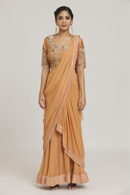 NIDHIKA SHEKHAR_Yellow Embroidered Round Pre-draped Saree With Blouse _Online_at_Aza_Fashions