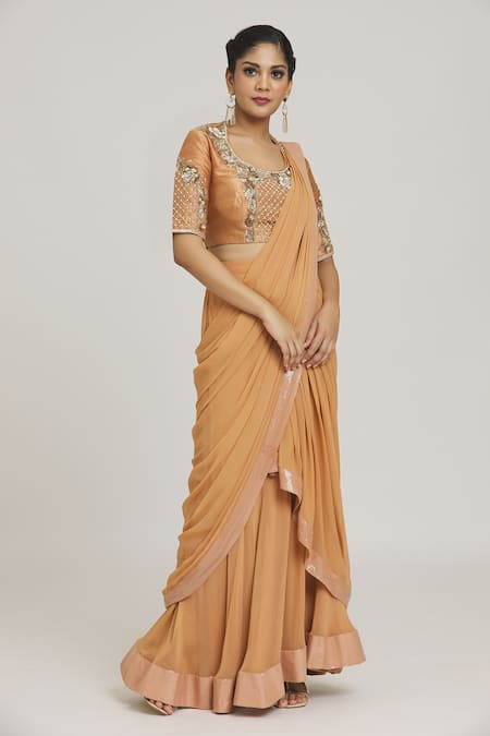 Buy_NIDHIKA SHEKHAR_Yellow Embroidered Round Pre-draped Saree With Blouse _Online_at_Aza_Fashions