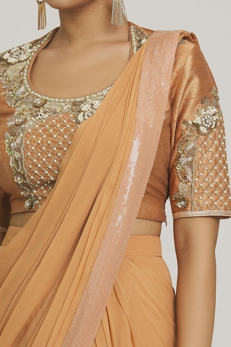 Shop_NIDHIKA SHEKHAR_Yellow Embroidered Round Pre-draped Saree With Blouse _Online_at_Aza_Fashions