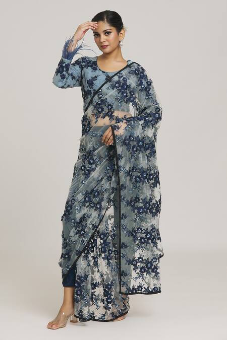 Vikram Phadnis_Blue Chiffon Embroidery Round Neck Floral Pant Saree With Blouse_Online_at_Aza_Fashions