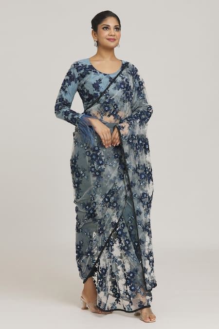 Buy_Vikram Phadnis_Blue Chiffon Embroidery Round Neck Floral Pant Saree With Blouse_Online_at_Aza_Fashions