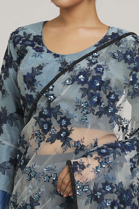 Shop_Vikram Phadnis_Blue Chiffon Embroidery Round Neck Floral Pant Saree With Blouse_Online_at_Aza_Fashions