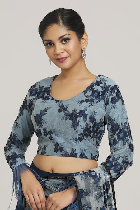 Vikram Phadnis_Blue Chiffon Embroidery Round Neck Floral Pant Saree With Blouse_at_Aza_Fashions