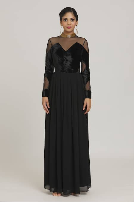 Pranav & Shyma Black Velvet, Chiffon Bandeau Neck Flared Gown Online at Aza Fashions Pranav & Shyma_Black Velvet, Chiffon Bandeau Neck Flared Gown _Online_at_Aza_Fashions