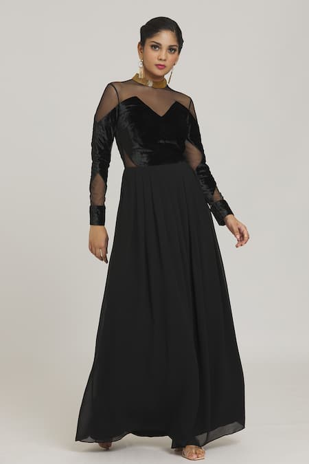 Buy Pranav & Shyma Black Velvet, Chiffon Bandeau Neck Flared Gown Online at Aza Fashions Buy_Pranav & Shyma_Black Velvet, Chiffon Bandeau Neck Flared Gown _Online_at_Aza_Fashions