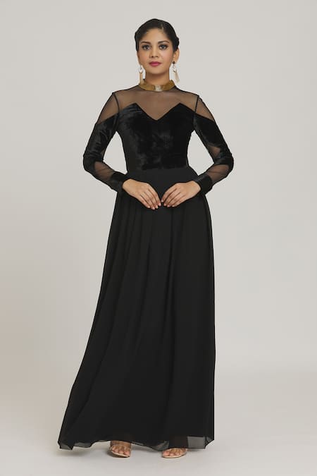 Shop Pranav & Shyma Black Velvet, Chiffon Bandeau Neck Flared Gown Online at Aza Fashions Shop_Pranav & Shyma_Black Velvet, Chiffon Bandeau Neck Flared Gown _Online_at_Aza_Fashions