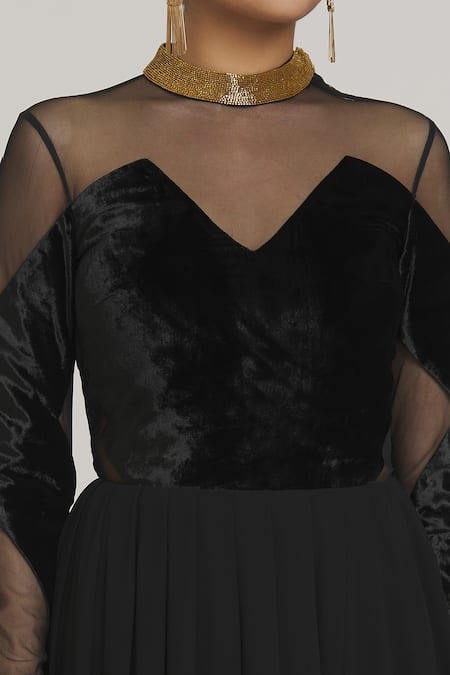 Pranav & Shyma Black Velvet, Chiffon Bandeau Neck Flared Gown at Aza Fashions Pranav & Shyma_Black Velvet, Chiffon Bandeau Neck Flared Gown _at_Aza_Fashions