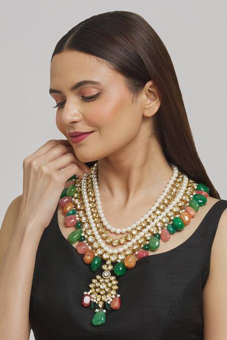 PRERTO_Multi Color Layered Kundan And Bead Drop Necklace_Online_at_Aza_Fashions