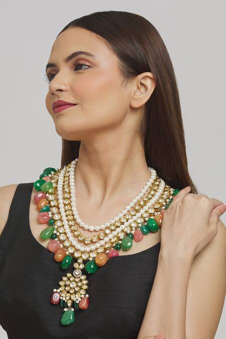 Buy_PRERTO_Multi Color Layered Kundan And Bead Drop Necklace_Online_at_Aza_Fashions