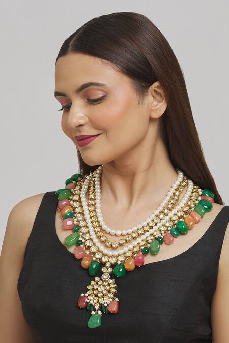 Shop_PRERTO_Multi Color Layered Kundan And Bead Drop Necklace_Online_at_Aza_Fashions