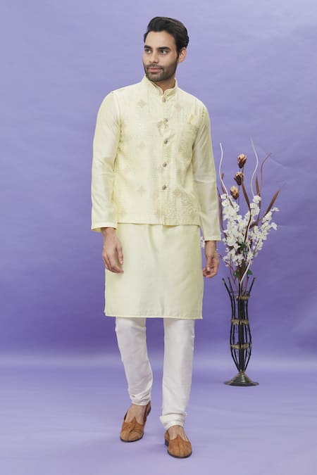 Arihant Rai Sinha_Yellow Silk Embroidery Floral Linear Bundi _Online_at_Aza_Fashions