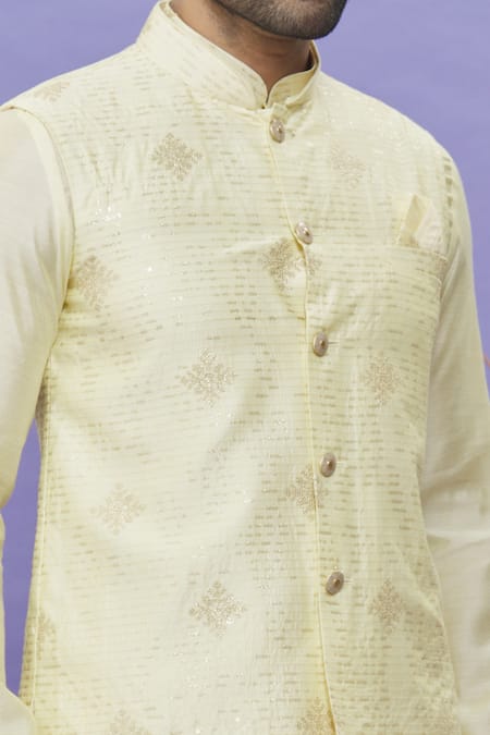 Buy_Arihant Rai Sinha_Yellow Silk Embroidery Floral Linear Bundi _Online_at_Aza_Fashions