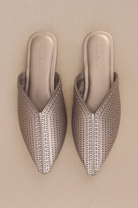 Ampm_Silver Metallic Perforated Mules_Online_at_Aza_Fashions