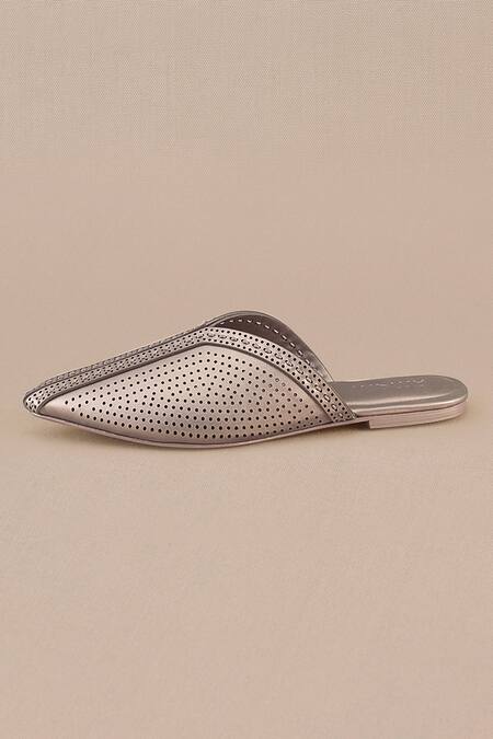 Buy_Ampm_Silver Metallic Perforated Mules_Online_at_Aza_Fashions