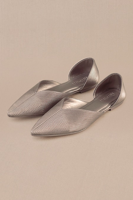 Shop_Ampm_Silver Metallic Cord Embroidered Pointed Toe Flats _at_Aza_Fashions