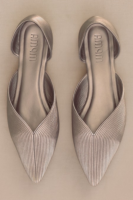 Ampm_Silver Metallic Cord Embroidered Pointed Toe Flats _Online_at_Aza_Fashions
