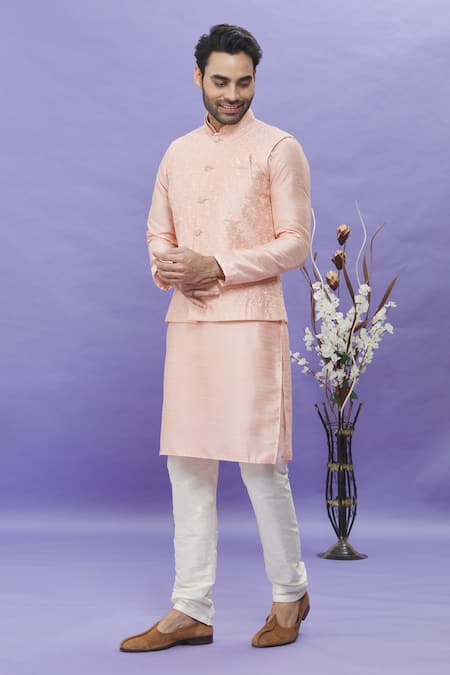 Arihant Rai Sinha_Peach Silk Embroidery Floral Thread Bundi _Online_at_Aza_Fashions