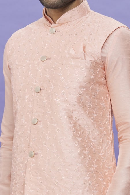 Buy_Arihant Rai Sinha_Peach Silk Embroidery Floral Thread Bundi _Online_at_Aza_Fashions