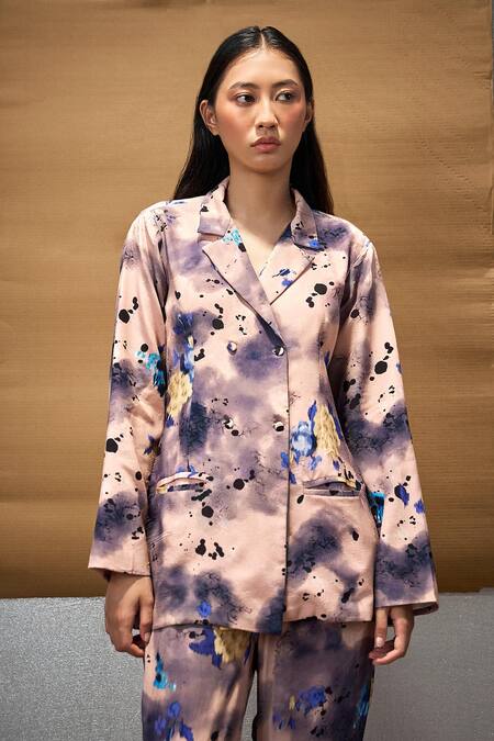 Amka Cream Silk Collared Noho Abstract Print Coat And Pant Set Online at Aza Fashions Amka_Cream Silk Collared Noho Abstract Print Coat And Pant Set_Online_at_Aza_Fashions